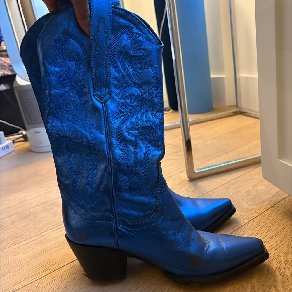 Jeffrey Campbell metallic blue cowboy boots